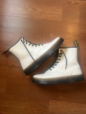 Dr. Martens White Leather Combat Boots with Black Trim and Yellow Stitching